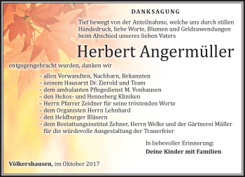 Traueranzeige von Herbert Angermüller von Südthüringer Presse