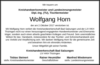 Traueranzeige von Wolfgang Horn von Südthüringer Presse