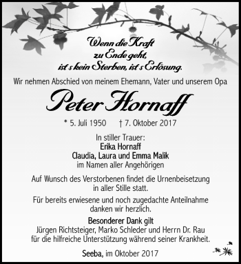 Traueranzeige von Peter Hornaff von Südthüringer Presse