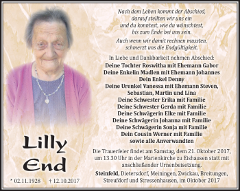 Traueranzeige von Lilly End von Südthüringer Presse