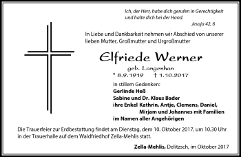 Traueranzeige von Elfriede Werner von Südthüringer Presse