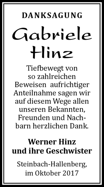 Traueranzeige von Gabriele Hinz von Südthüringer Presse