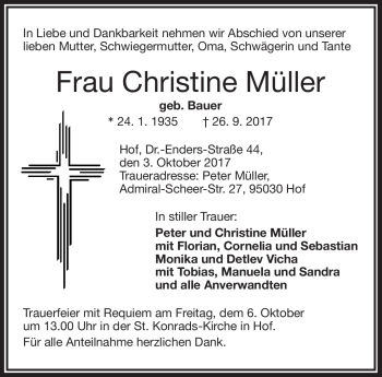 Traueranzeige von Christine Müller von Frankenpost
