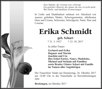Traueranzeige von Erika Schmidt von Südthüringer Presse