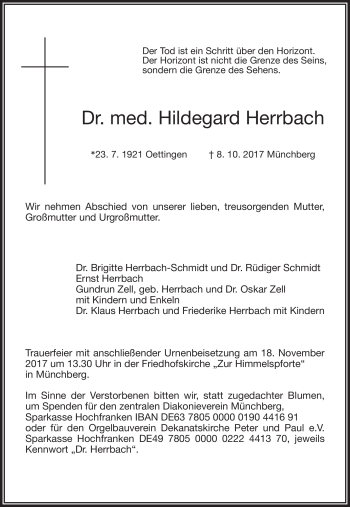 Traueranzeige von Hildegard Herrbach von Frankenpost