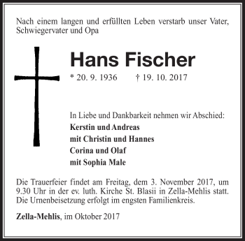 Traueranzeige von Hans Fischer von Südthüringer Presse