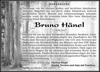 Traueranzeige von Bruno Hänel von Südthüringer Presse