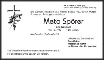 Traueranzeige von Meta Spörer von Frankenpost