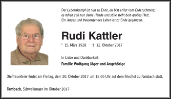 Traueranzeige von Rudi Kattler von Südthüringer Presse