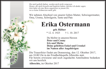 Traueranzeige von Erika Ostermann von Südthüringer Presse