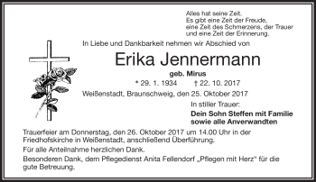 Traueranzeige von Erika Jennermann von Frankenpost