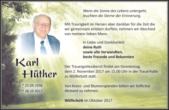Traueranzeige von Karl Hüther von Südthüringer Presse