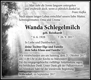 Traueranzeige von Wanda Schlegelmilch von Südthüringer Presse