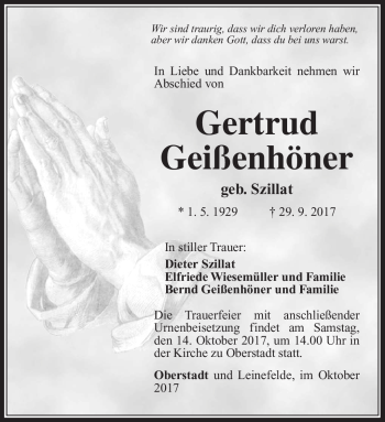 Traueranzeige von Gertrud Geißenhöner von Südthüringer Presse
