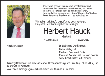 Traueranzeige von Herbert Hauck von Neue Presse Coburg