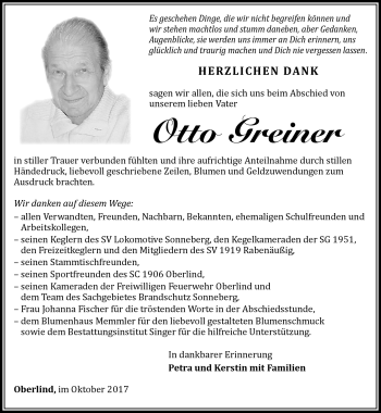 Traueranzeige von Otto Greiner von Südthüringer Presse