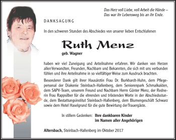 Traueranzeige von Ruth Menz von Südthüringer Presse
