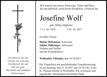 Traueranzeige von Josefine Wolf von Neue Presse Coburg