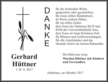 Traueranzeige von gerhard Hüttner von Frankenpost