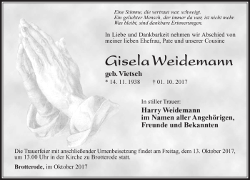 Traueranzeige von Gisela Weidemann von Südthüringer Presse