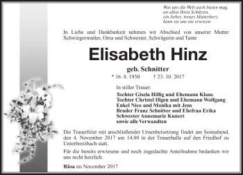Traueranzeige von Elisabeth Hinz von Südthüringer Presse