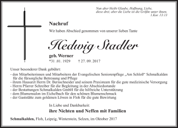 Traueranzeige von Hedwig Stadler von Südthüringer Presse