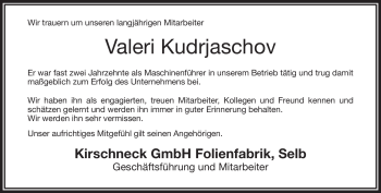 Traueranzeige von Valeri Kudrjaschov von Frankenpost