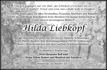 Traueranzeige von Hilda Liebkopf von Südthüringer Presse