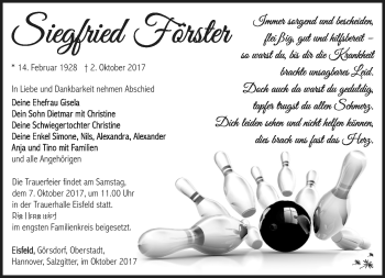 Traueranzeige von Siegfried Förster von Südthüringer Presse