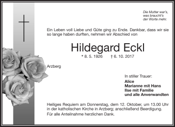 Traueranzeige von Hildegard Eckl von Frankenpost