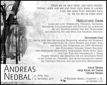Traueranzeige von Andreas Nedbal von Südthüringer Presse