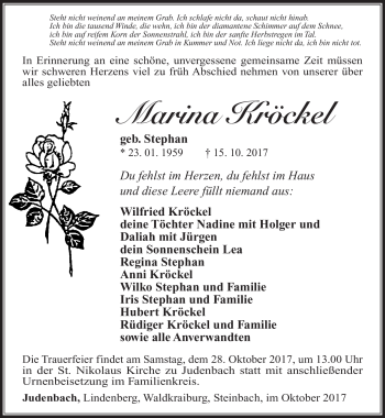Traueranzeige von Marina Kröckel von Südthüringer Presse