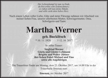 Traueranzeige von Martha Werner von Südthüringer Presse