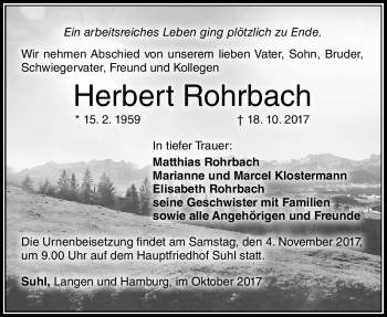 Traueranzeige von Herbert Rohrbach von Südthüringer Presse