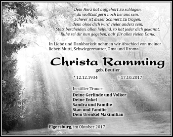 Traueranzeige von Christa Ramming von Südthüringer Presse