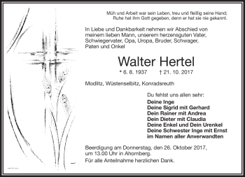Traueranzeige von Walter Hertel von Frankenpost