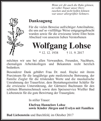Traueranzeige von Wolfgang Lohse von Südthüringer Presse