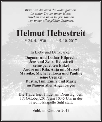 Traueranzeige von Helmut Hebestreit von Südthüringer Presse