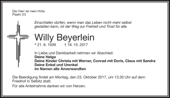 Traueranzeige von Willy Beyerlein von Frankenpost