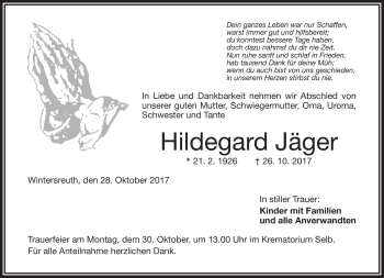Traueranzeige von Hildegard Jäger von Frankenpost