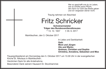 Traueranzeige von Fritz Schricker von Frankenpost