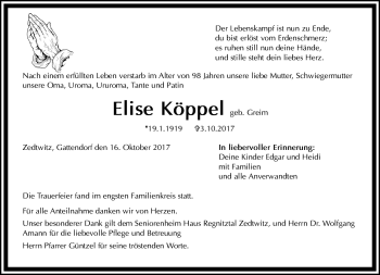 Traueranzeige von Elise Köppel von Frankenpost