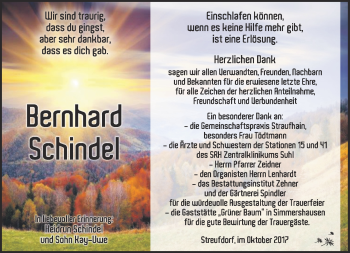Traueranzeige von Bernhard Schindel von Südthüringer Presse
