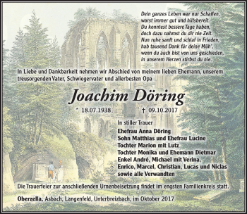 Traueranzeige von Joachim Döring von Südthüringer Presse