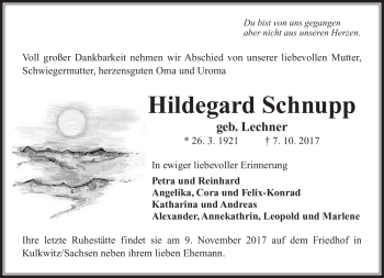 Traueranzeige von Hildegard Schnupp von Südthüringer Presse