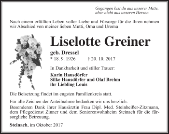 Traueranzeige von Liselotte Greiner von Südthüringer Presse