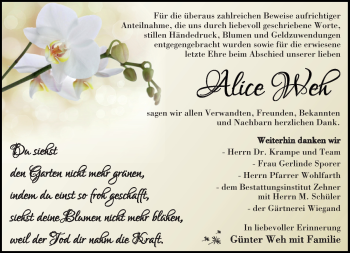 Traueranzeige von Alice Weh von Südthüringer Presse