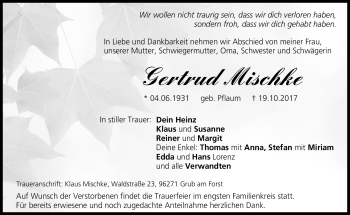 Traueranzeige von Gertrud Mischke von Neue Presse Coburg