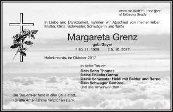 Traueranzeige von Margareta Grenz von Frankenpost