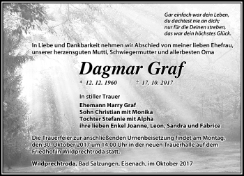 Traueranzeige von Dagmar Graf von Südthüringer Presse